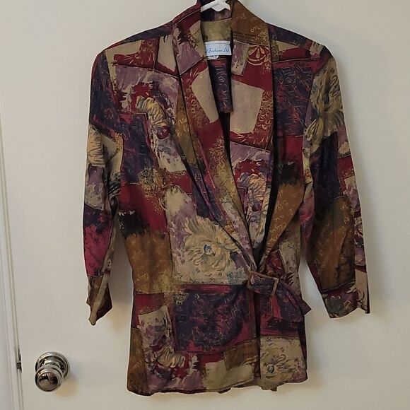 VTG 1990s MERYL FASHIONS LTD Oxblood buckle floral patchwork surplice shacket - Picture 2 of 9